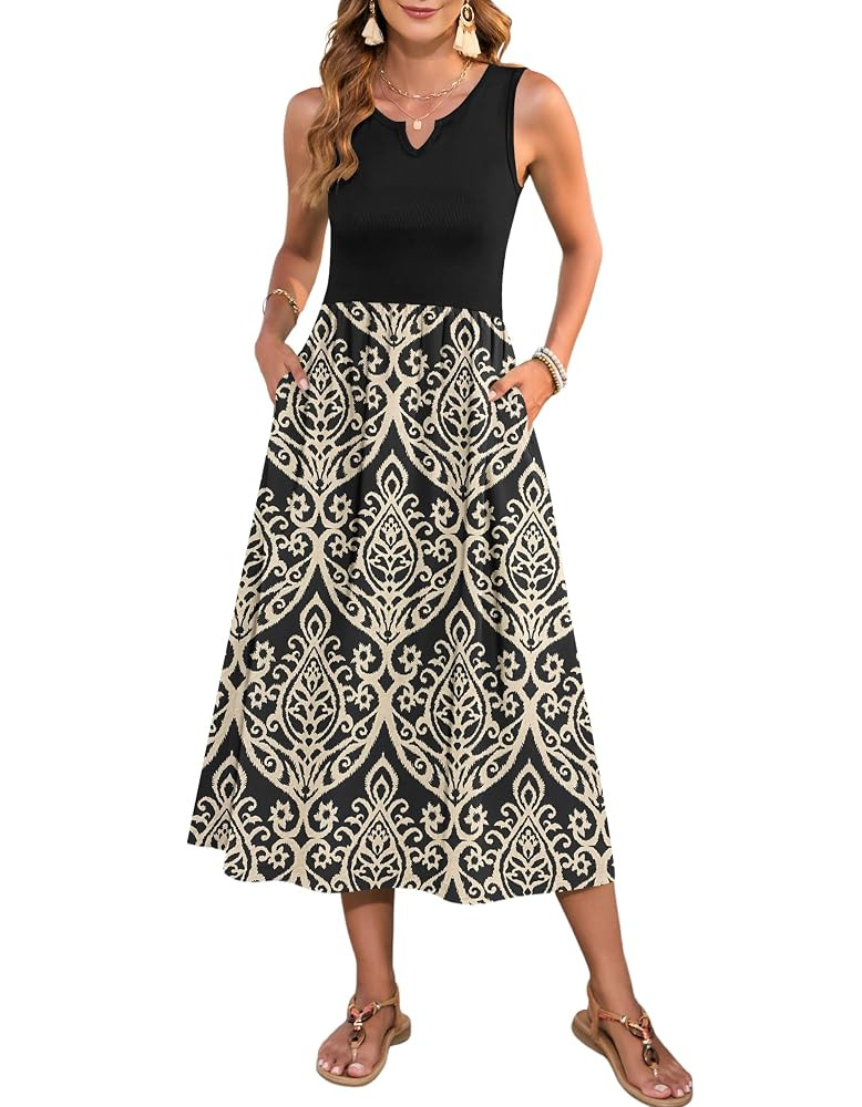 MOLERANI Women Summer Casual Sleeveless Midi Sundress 2025 Patchwork Knit V Neck Tank Flowy Beach... | Amazon (US)