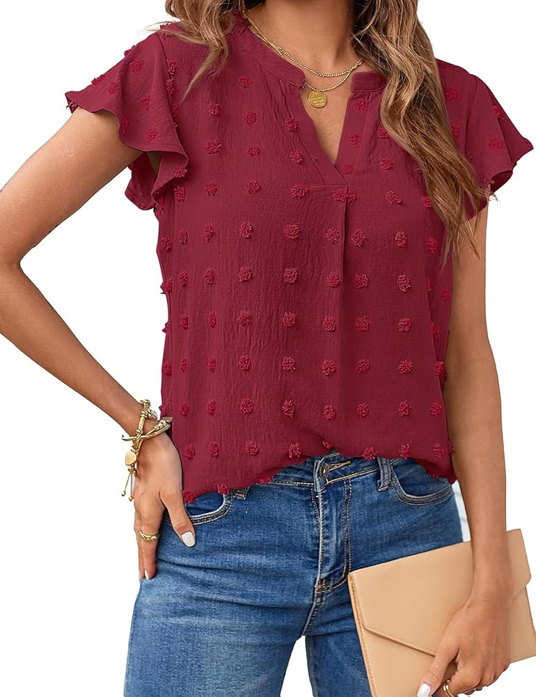 MEROKEETY Women's 2026 Spring V Neck Ruffle Short Sleeve Blouse Summer Swiss Dot Dressy Casual Fl... | Amazon (US)