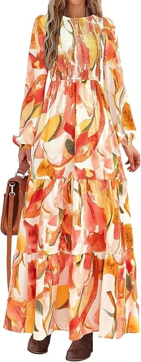 PRETTYGARDEN Women's Fall Dresses Long Sleeve Flowy Casual Floral Maxi Dress Crew Neck Smocked Ti... | Walmart (US)