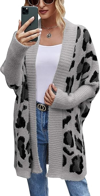 Angashion Women’s Cardigan Long Sleeves Open Front Leopard Print Knitted Sweater Outwear Coat | Amazon (US)