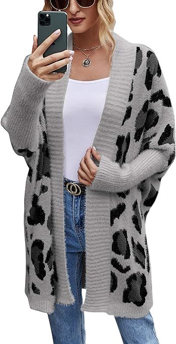 Angashion Women’s Cardigan Long Sleeves Open Front Leopard Print Knitted Sweater Outwear Coat | Amazon (US)