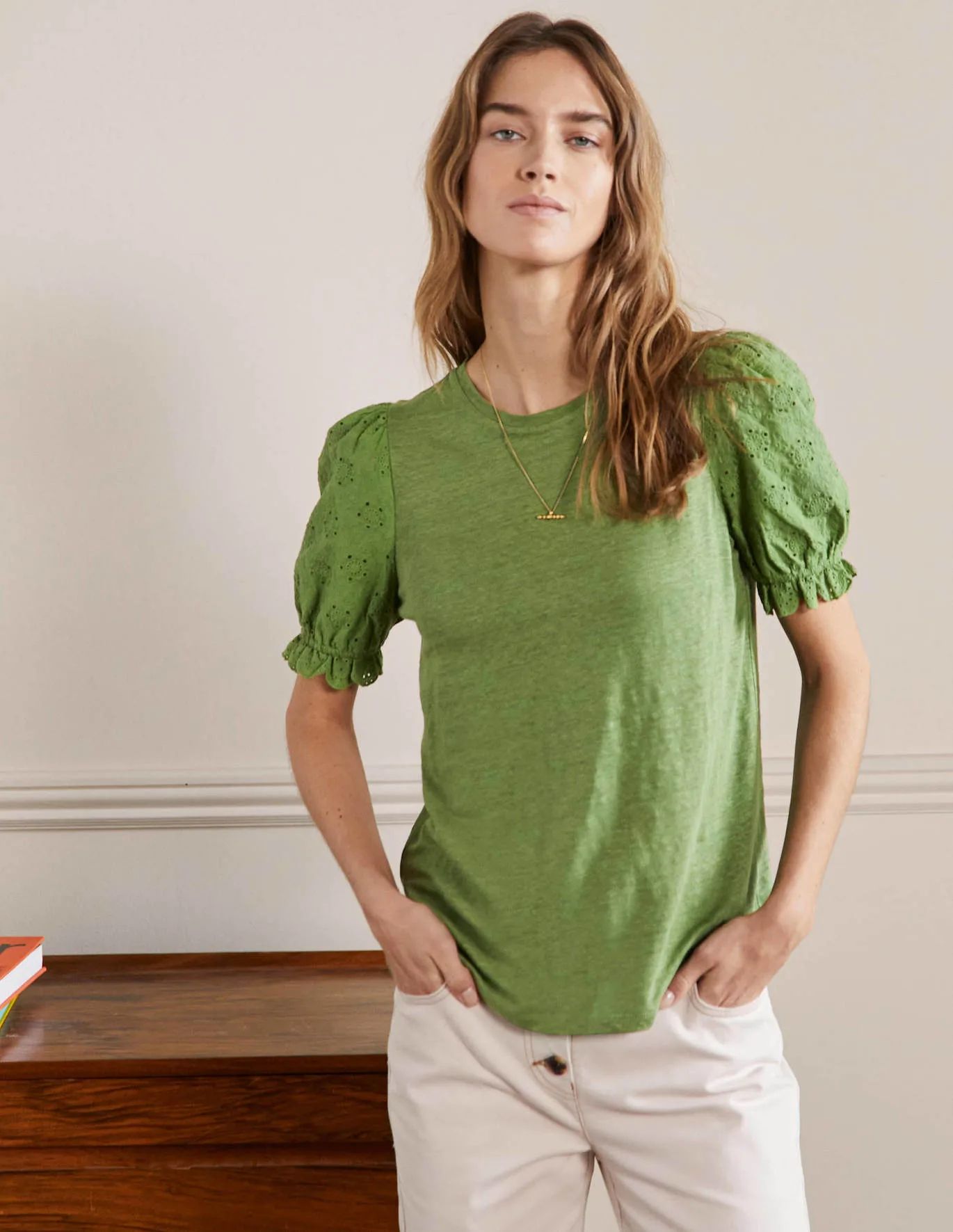 Broderie Sleeve Linen T-Shirt | Boden (US)
