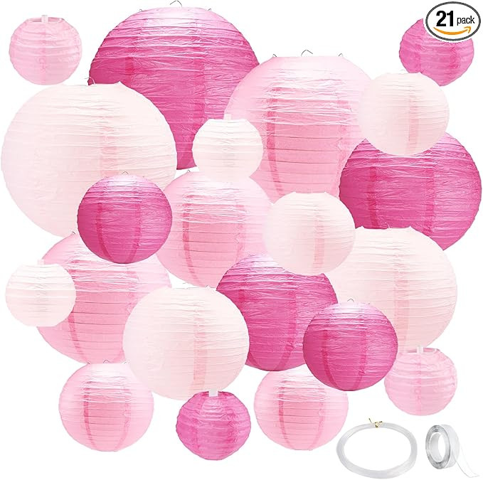 21Pcs Pink Paper Lanterns,4"6"8"10"12" Hanging Round Paper Lanterns Decorations Indoor Outdoor wi... | Amazon (US)