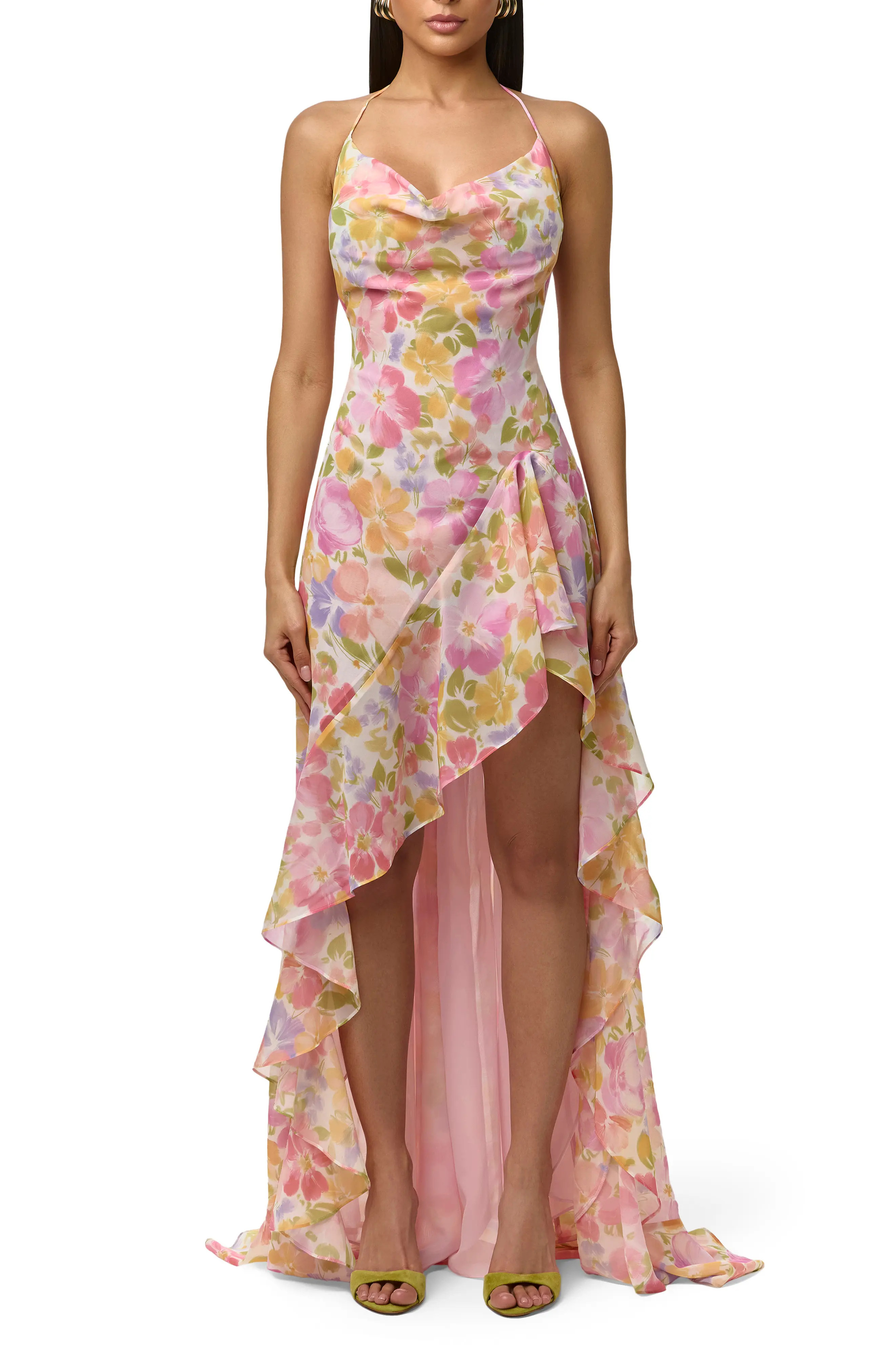 Naked Wardrobe Floral Chiffon Halter High-Low Dress in Blush Bloom at Nordstrom, Size X-Large | Nordstrom