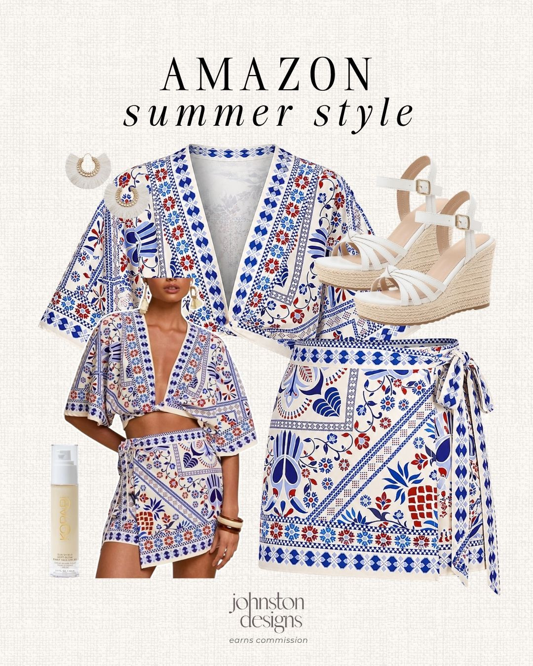 Amazon summer style with a printed two-piece set, white wedges and easy vacation-ready accessories. 🤍

Amazon summer style, printed two piece set, matching skirt set, blue white outfit, wrap skirt outfit, crop top set, white wedge sandals, statement earrings, sun glow drops, vacation outfit idea, resort wear look, beach dinner outfit, affordable Amazon fashion, warm weather style 

 #LTKootd #LTKSeasonal #LTKTravel