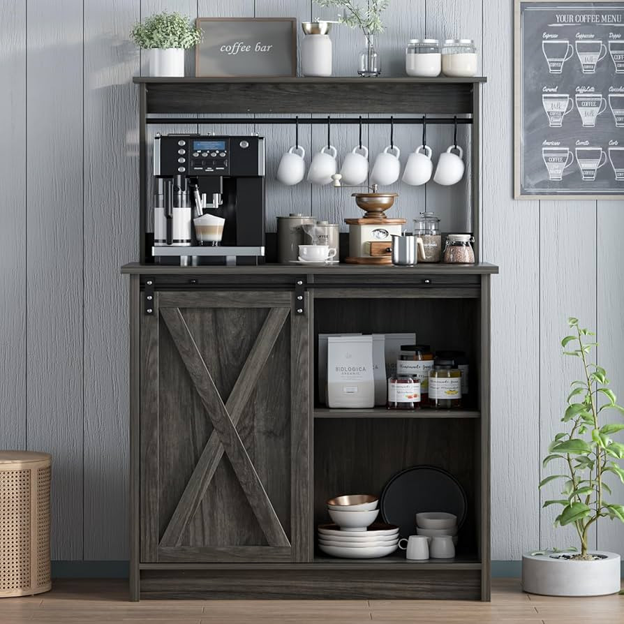 4ever2buy Farmhouse Coffee Bar Cabinet with Storage, Gray Coffee Bar with 6 Hooks, Coffee Bar Table with Sliding Barn Door, Wine Bar Cabinet with Adjustable Shelf for Living Dining Room | Amazon (US)