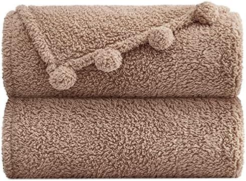 Sherpa Throw Blanket for Couch - 60x80, Beige with Pom Poms - Fuzzy, Fluffy, Plush, Soft, Cozy, W... | Amazon (US)