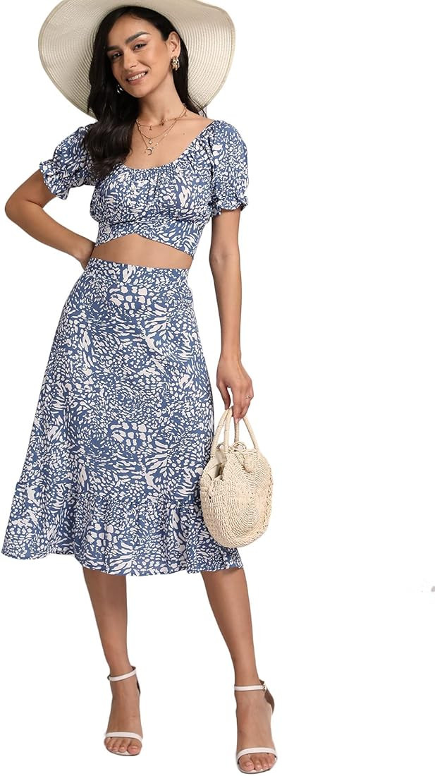 LYANER Women's 2 Piece Outfits Floral Self Tie Knot Crop Top and Midi Skirt Set | Amazon (US)