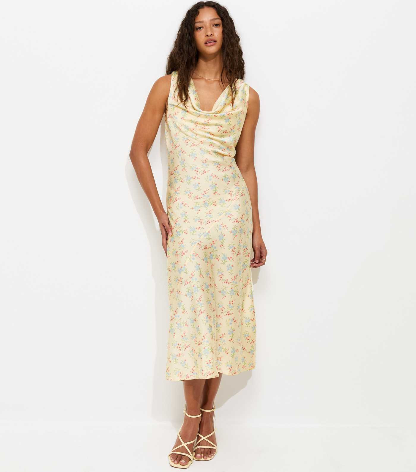Yellow Satin Floral Cowl Neck Midi Dress | New Look | New Look (UK)