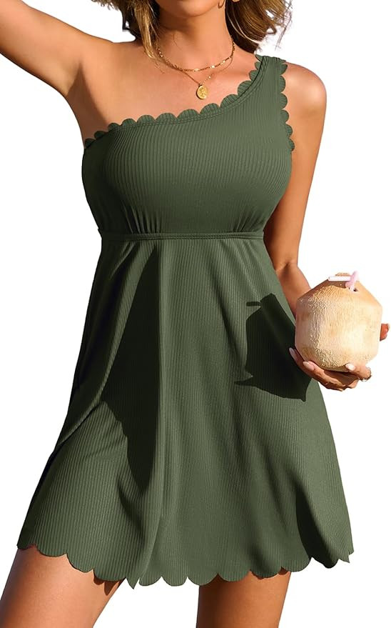 Charmo Ribbed One Shoulder Swim Dress Scalloped Tummy Control Swimsuits for Women Swimwear Built-... | Amazon (US)