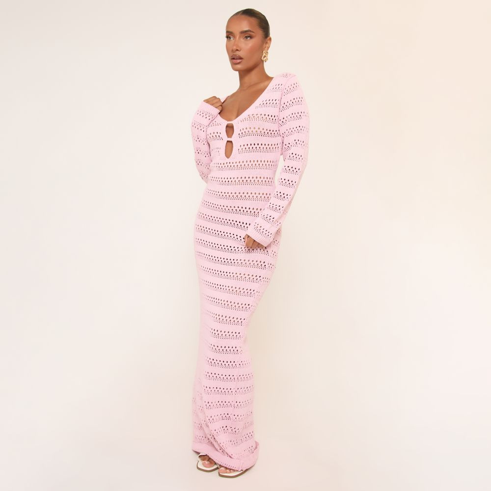 Long Sleeve Plunge Keyhole Detail Maxi Dress In Pink Crochet Knit | EGO (UK)