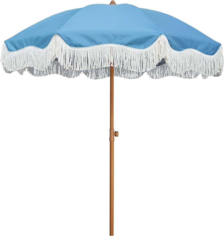 AMMSUN Boho Fringe Umbrella Outdoor Patio, 6.5ft UPF50+ Picnic Umbrella with Tassels with Steel P... | Amazon (US)