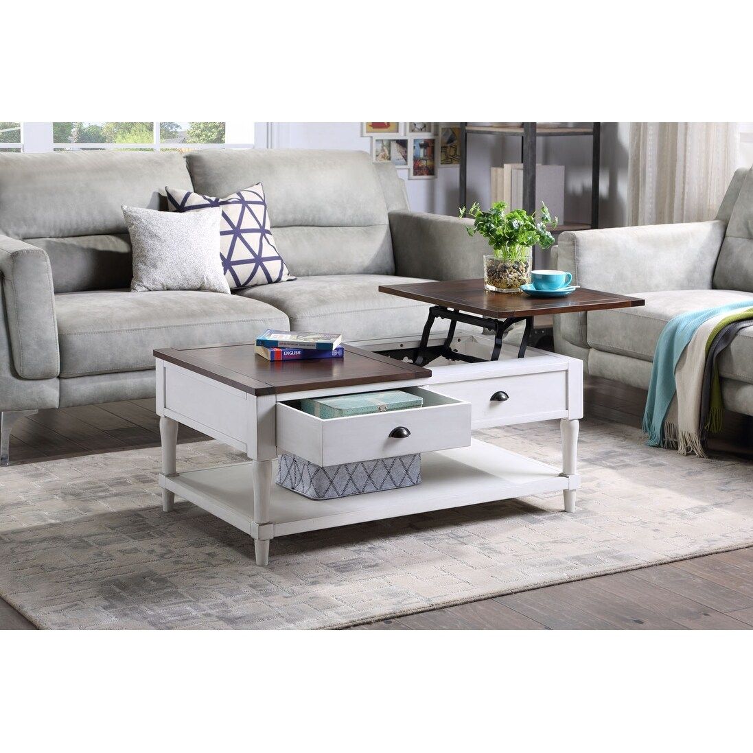 Coffee Table Lift Top Wood Home Living Room, with 1 Drawer and Shelf, White and Brown | Bed Bath & Beyond