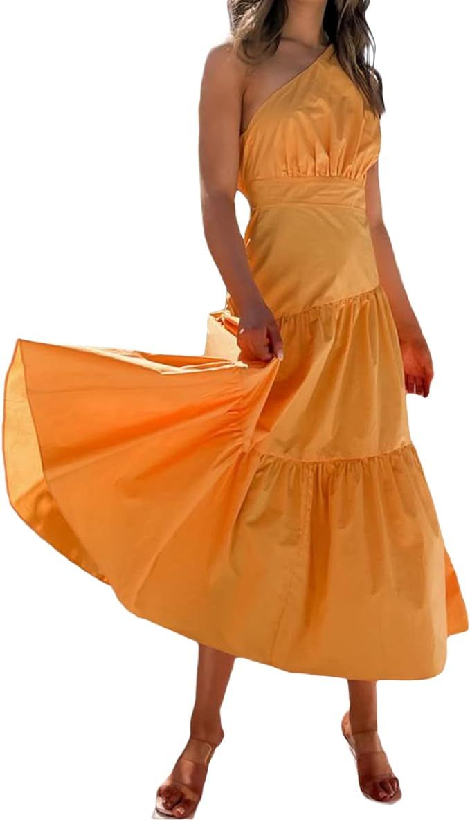 PXIAOPANG Women's One Shoulder Ruffle Long Dress Sleeveless Pleated Party Dress High Waist Flowy ... | Amazon (US)