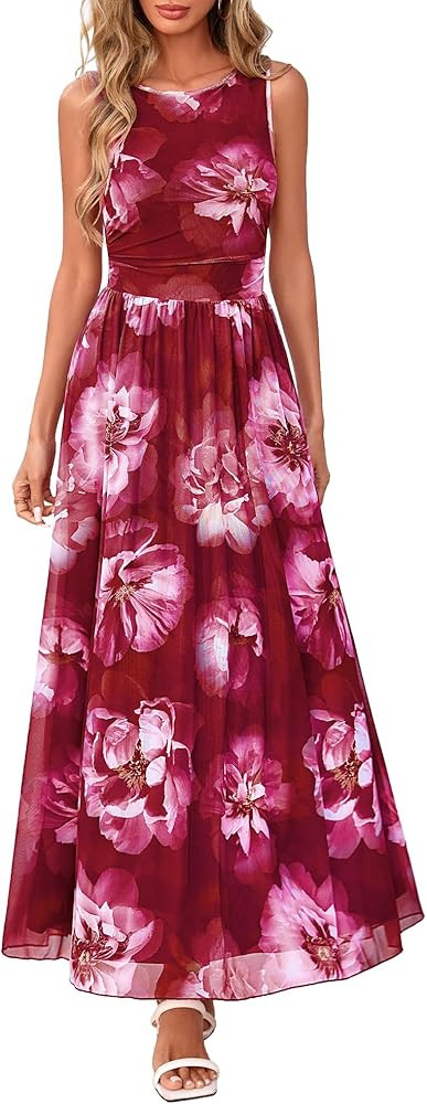 BTFBM Summer Dresses for Women 2026 Floral Maxi Dress Sleeveless Mesh Flowy Long Sundress Beach V... | Amazon (US)