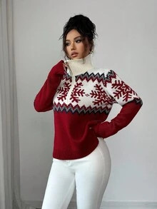 SHEIN Elenzya Elegant Women Sweater, Fair Isle Pattern, Colorblock Zip-Up Sweater, Christmas Patt... | SHEIN