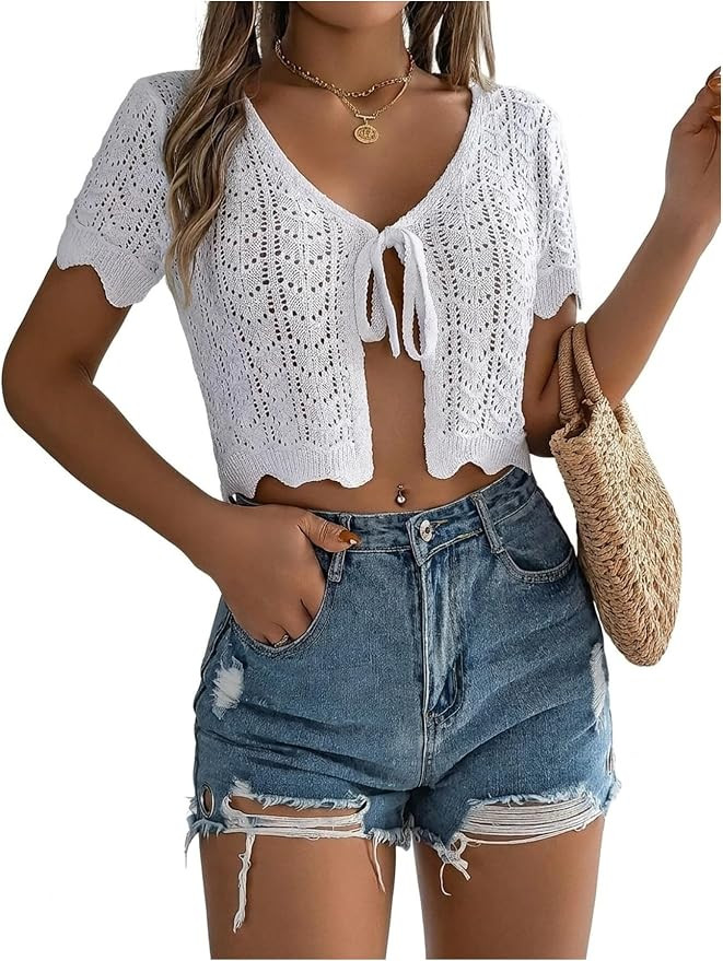 SHENHE Women's Crochet Cardigan Shrug Tie Front Short Sleeve Lightweight Cropped Sweater Bolero | Amazon (US)