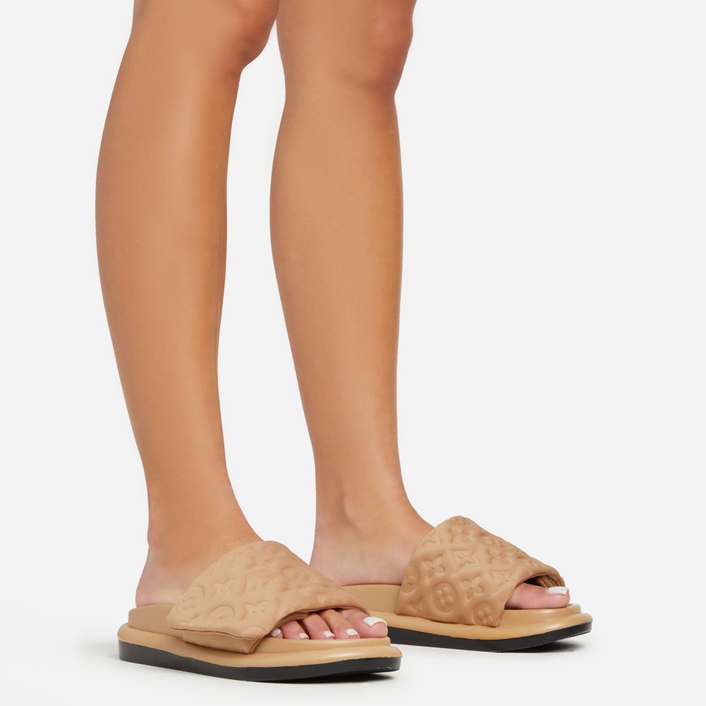 It's-A-Vibe Embossed Velcro Strap Flat Slider Sandal In Dark Nude Lycra | EGO Shoes (US & Canada)