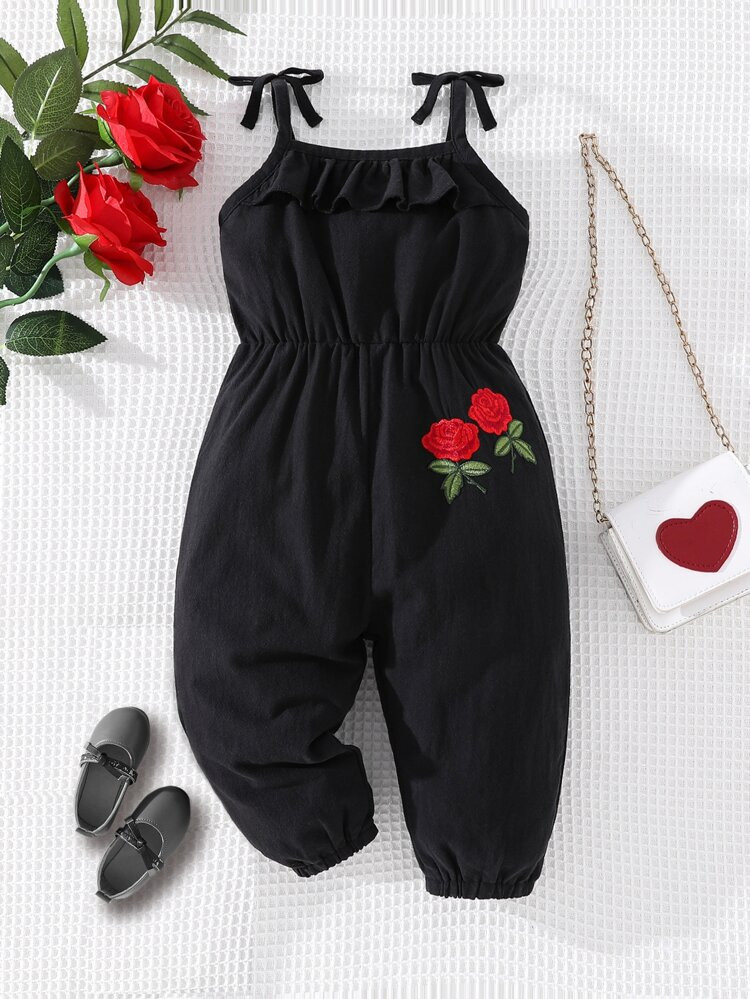 Baby Embroidered Applique Ruffle Trim Tie Shoulder Cami Jumpsuit | SHEIN