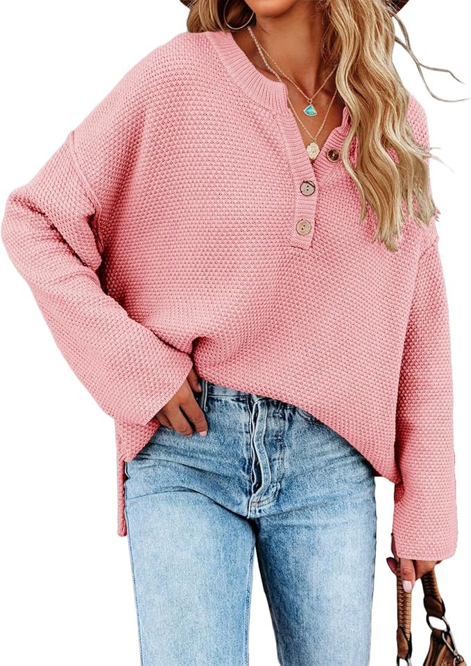 Saodimallsu Women's Oversized Sweaters Batwing Long Sleeve Loose V Neck Button Henley Tops Pullov... | Amazon (US)