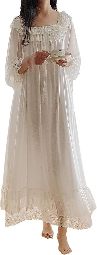 Women's Lace Vintage Victorian Nightgown Long Sleeve Sleepwear Nightdress | Amazon (US)