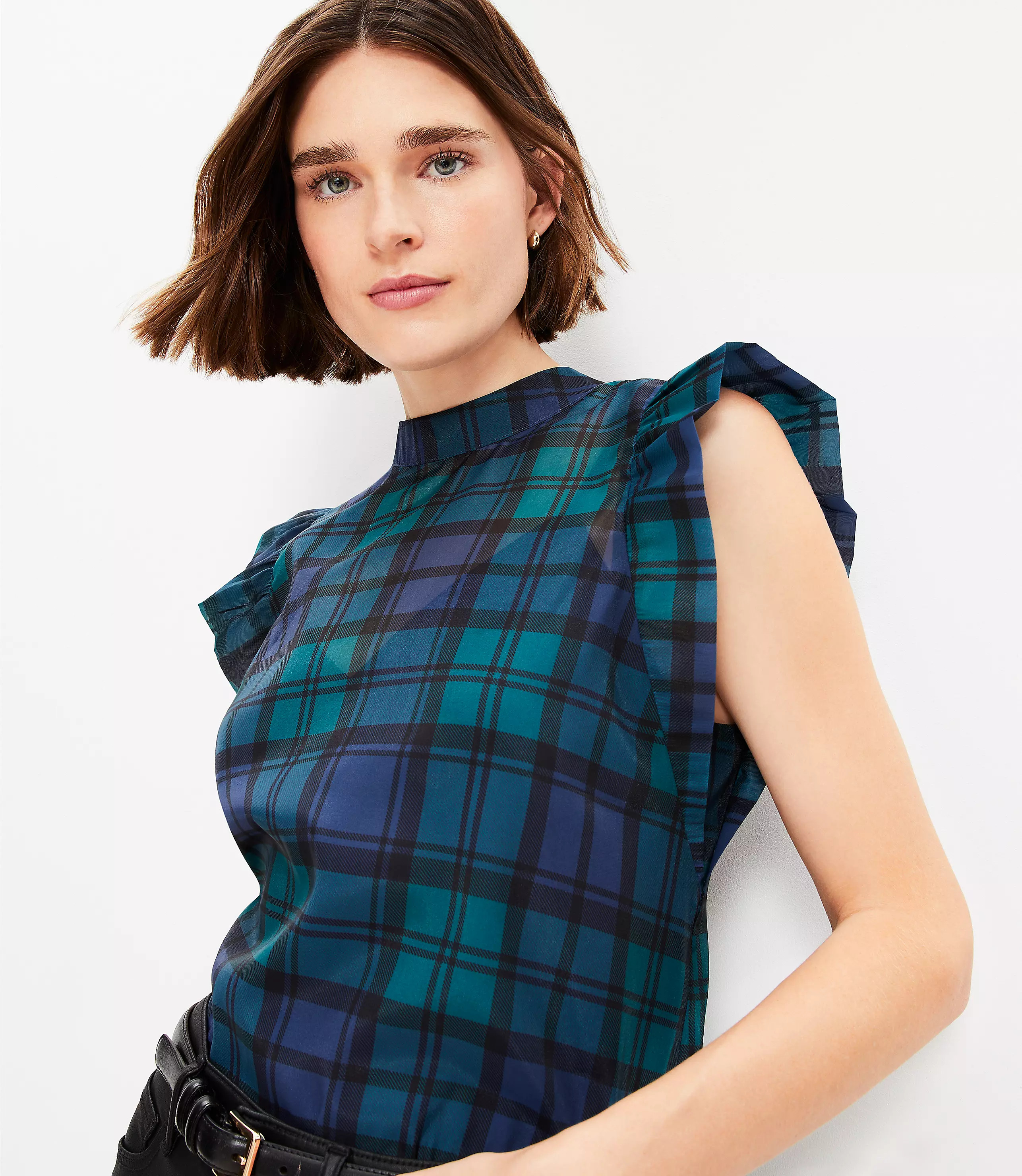 Plaid Bow Back Ruffle Shell | LOFT