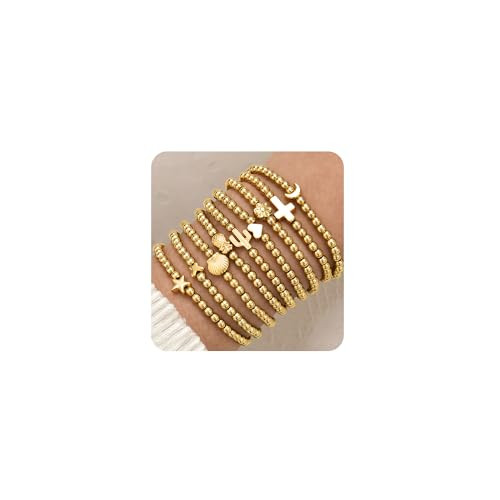 ÌF ME 16 PCS Gold Bead Bracelet for Women, Gold Beaded Stretch Plated Stackable Strand Bead Ball... | Amazon (US)