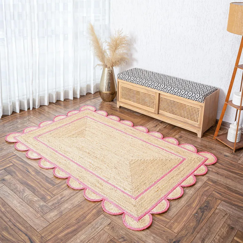 Jute Rug - Dark Pink Scalloped Jute Rug, Runner Rug, Door Mat, Handcrafted Rug, Stair Runner, Rug... | Etsy (US)
