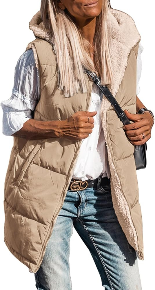 PRETTYGARDEN Womens 2023 Fall Reversible Vests Sleeveless Fleece Jacket Zip Up Hoodie Pockets Long W | Amazon (US)