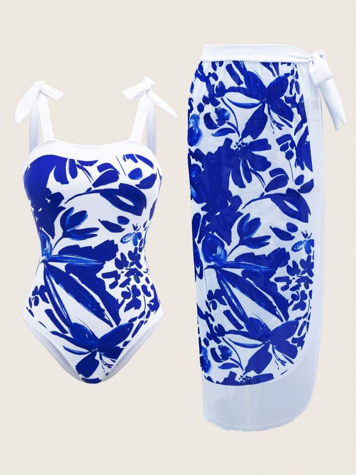 SHEIN Swim Summer Beach Flower Printed One-Piece Swimsuit With Cover-Up Skirt | SHEIN