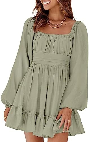 Dokotoo Womens Dress Long Lantern Sleeve Square Neck Tie Backless Sexy Dress Ruffle Elastic Waist... | Amazon (US)