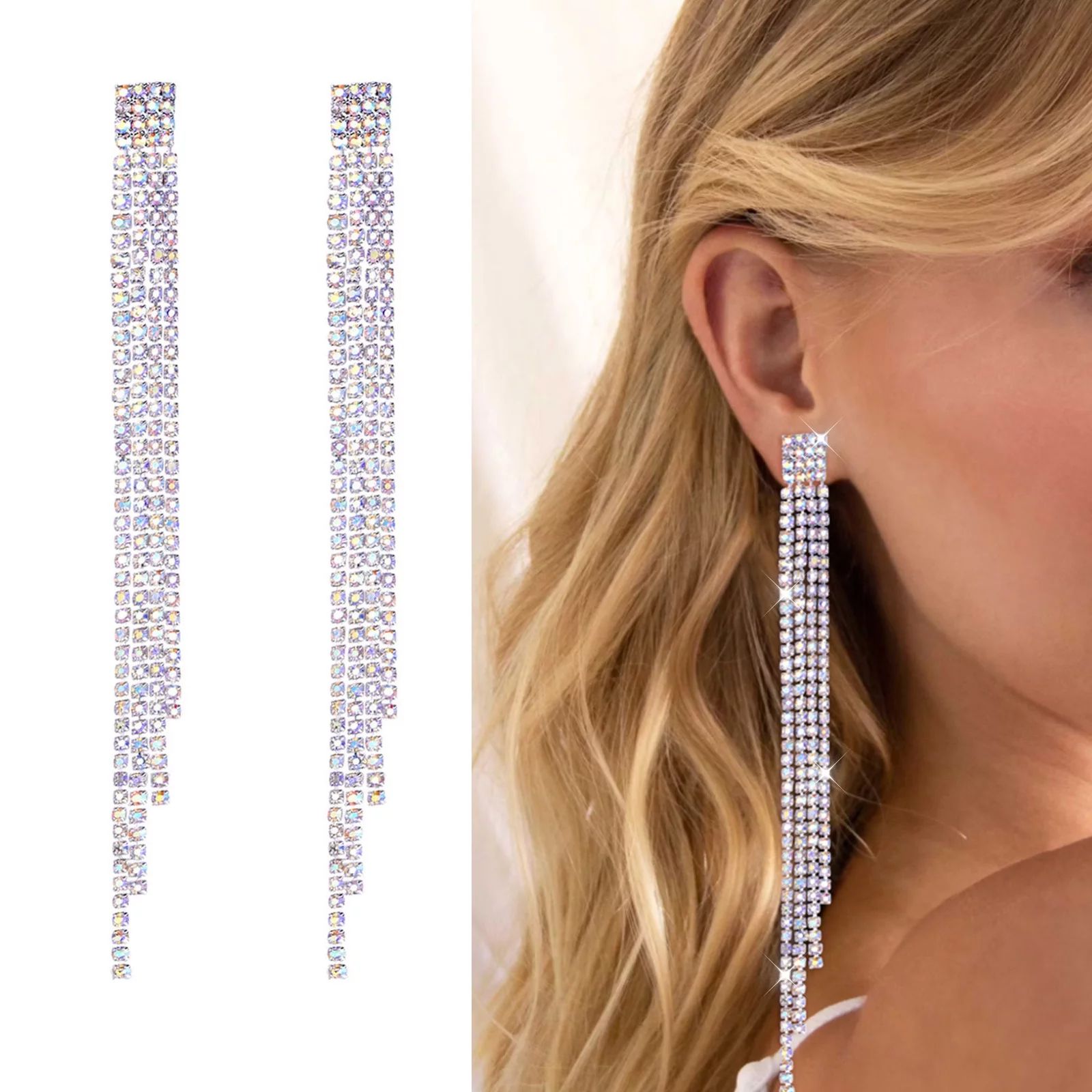 FOCALOOK Rhinestone Earrings for Women Sparkly Prom Earrings Long Dangle Drop Iridescent Crystal ... | Walmart (US)