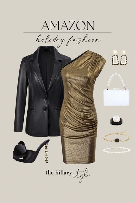Elegant Holiday Outfit from Amazon. 

Amazon, Found It on Amazon, Amazon Fashion, Holiday Fashion, NYE Outfit, Leather Jacket, Leather Blazer, Acrylic Purse, Gold Dress, Statement Earrings, Statement Heels, Bow Heels, Pearl Jewelry, Pearl and Gold Jewelry, Old Money Aesthetic, Elegant Outfit, Elevated Fashion,  Timeless Fashion, Trendy Fashion 

#LTKSeasonal #LTKHoliday #LTKfit