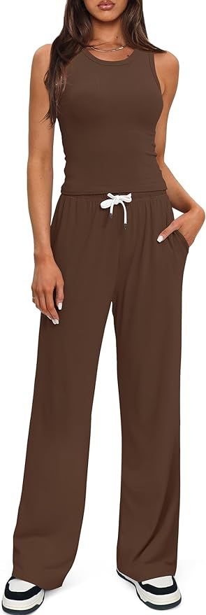 Darong Women's 2 Piece Outfits Lounge Sets Sleeveless Tank Tops and Wide Leg Pants Sets Tracksuit... | Amazon (US)