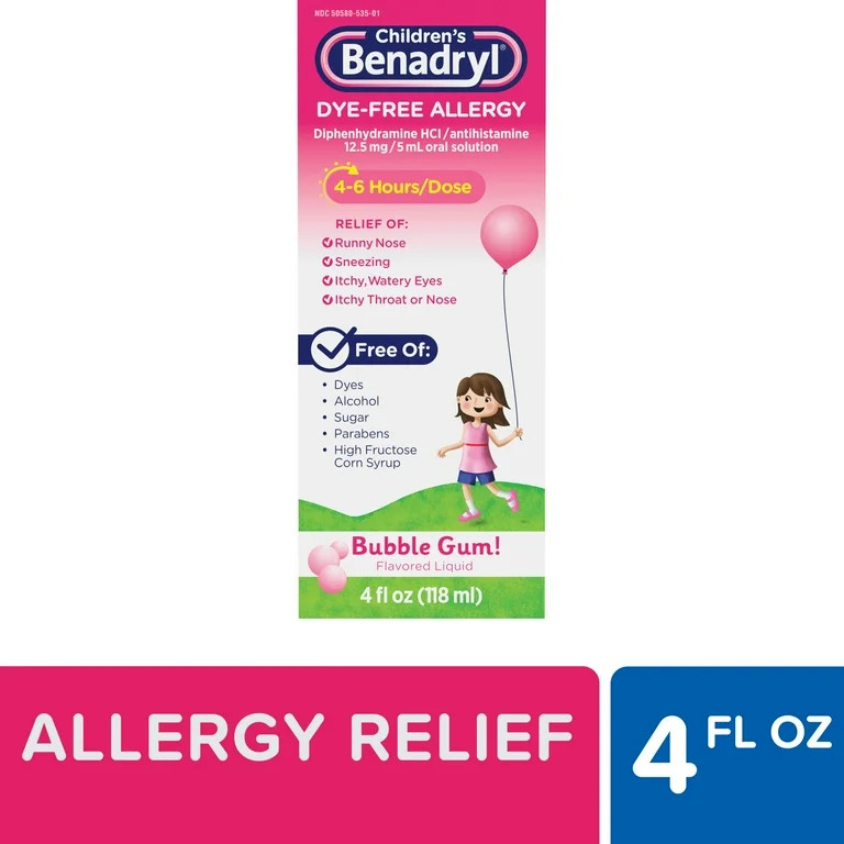 Children's Benadryl Dye-Free Allergy Liquid, Bubble Gum, 4 fl. oz - Walmart.com | Walmart (US)