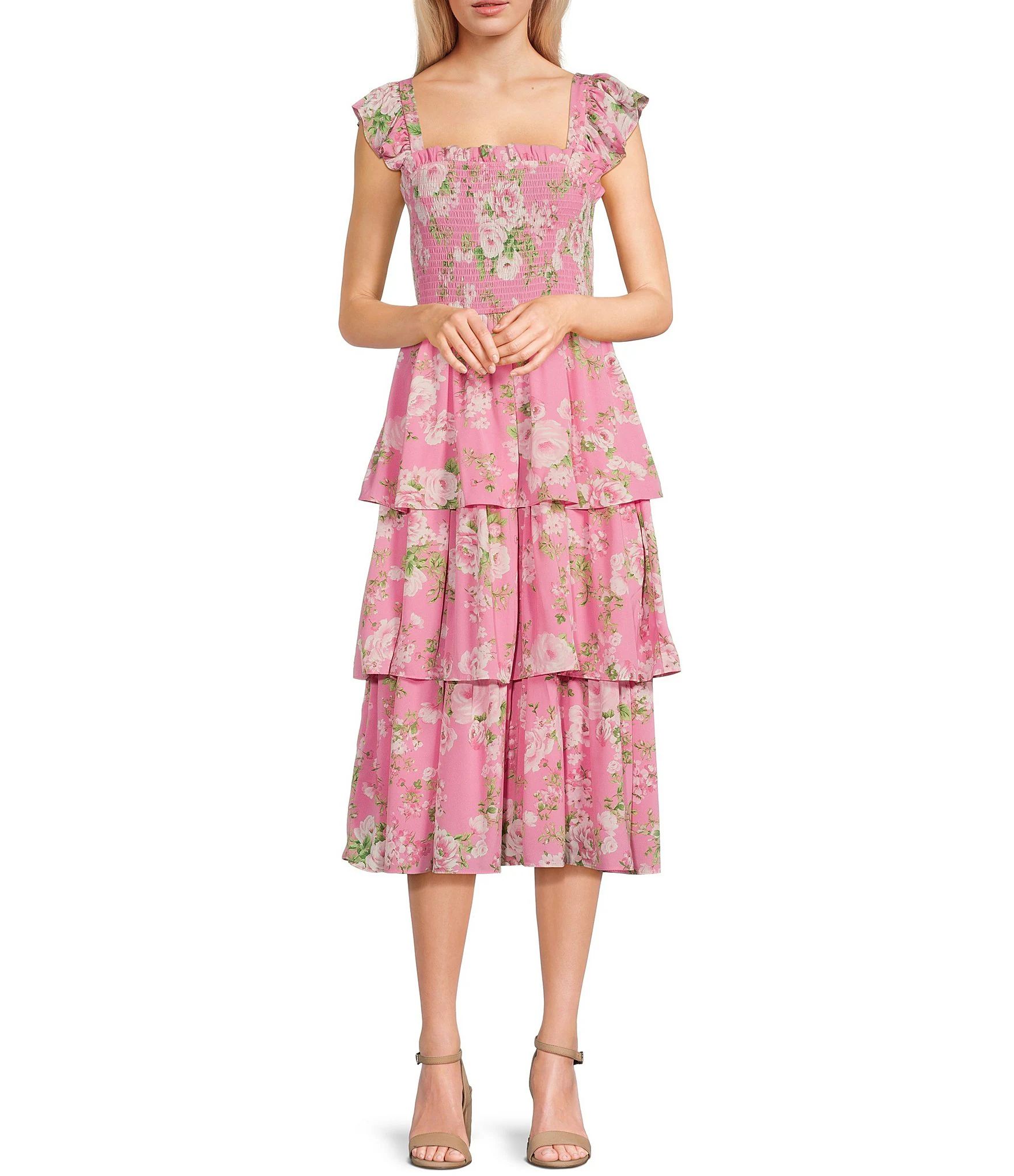 Sleeveless Smoke Floral Tiered Ruffle Midi Dress | Dillard's