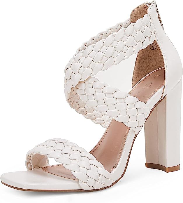 Ermonn Women's Square Toe Heeled Sandals Crisscross Braided Strap Chunky High Heel Zipper Wedding... | Amazon (US)