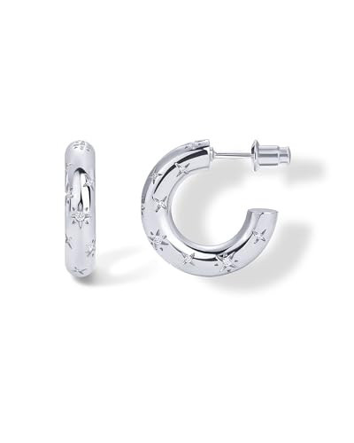 PAVOI Rhodium Plated Star Shine Hoop Earrings for Women | Cubic Zirconia Celestial Chunky Hoops Earrings | 20mm | Amazon (US)