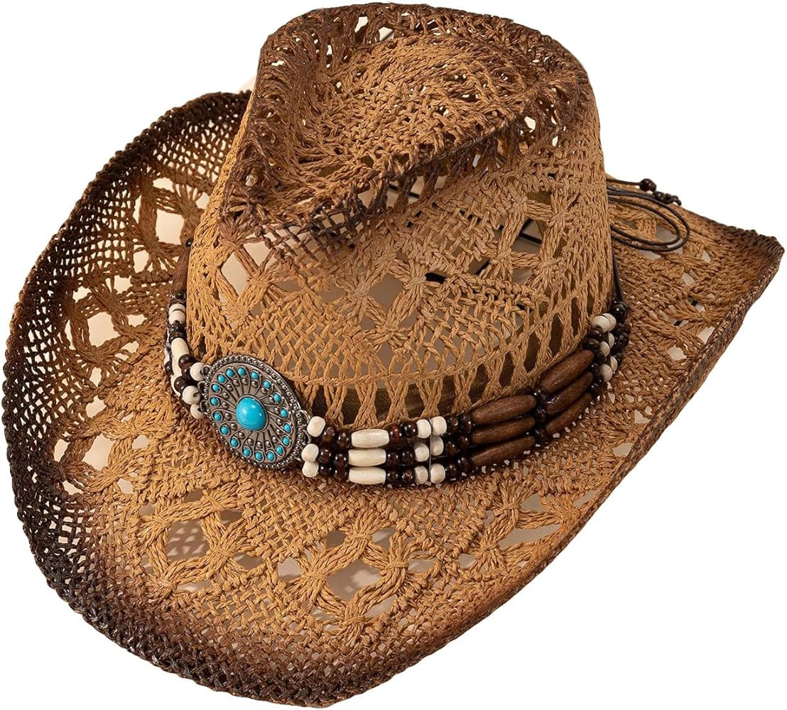 QWINEE Ombre Bead Decor Hollow Out Cowboy Hat Straw Cowboy Cowgirl Hats Summer Beach Sun Hat for Women Men | Amazon (US)