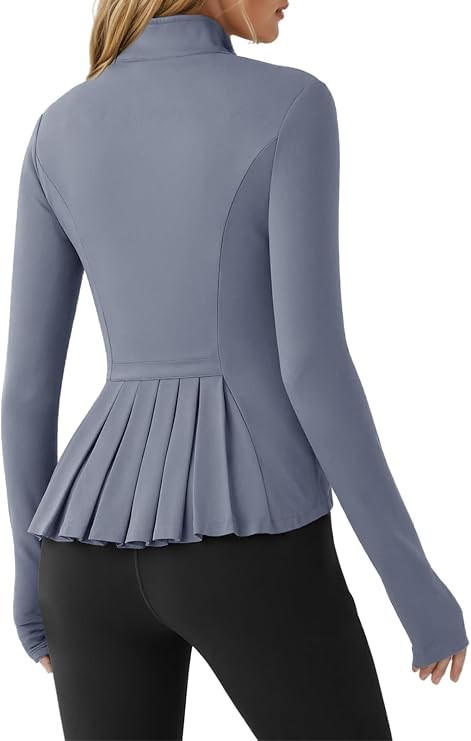 Fisoew Women's Zip Up Workout Jacket Pleated Lightweight Slim Fit Stand Collar Thumb Hole Tops wi... | Amazon (US)