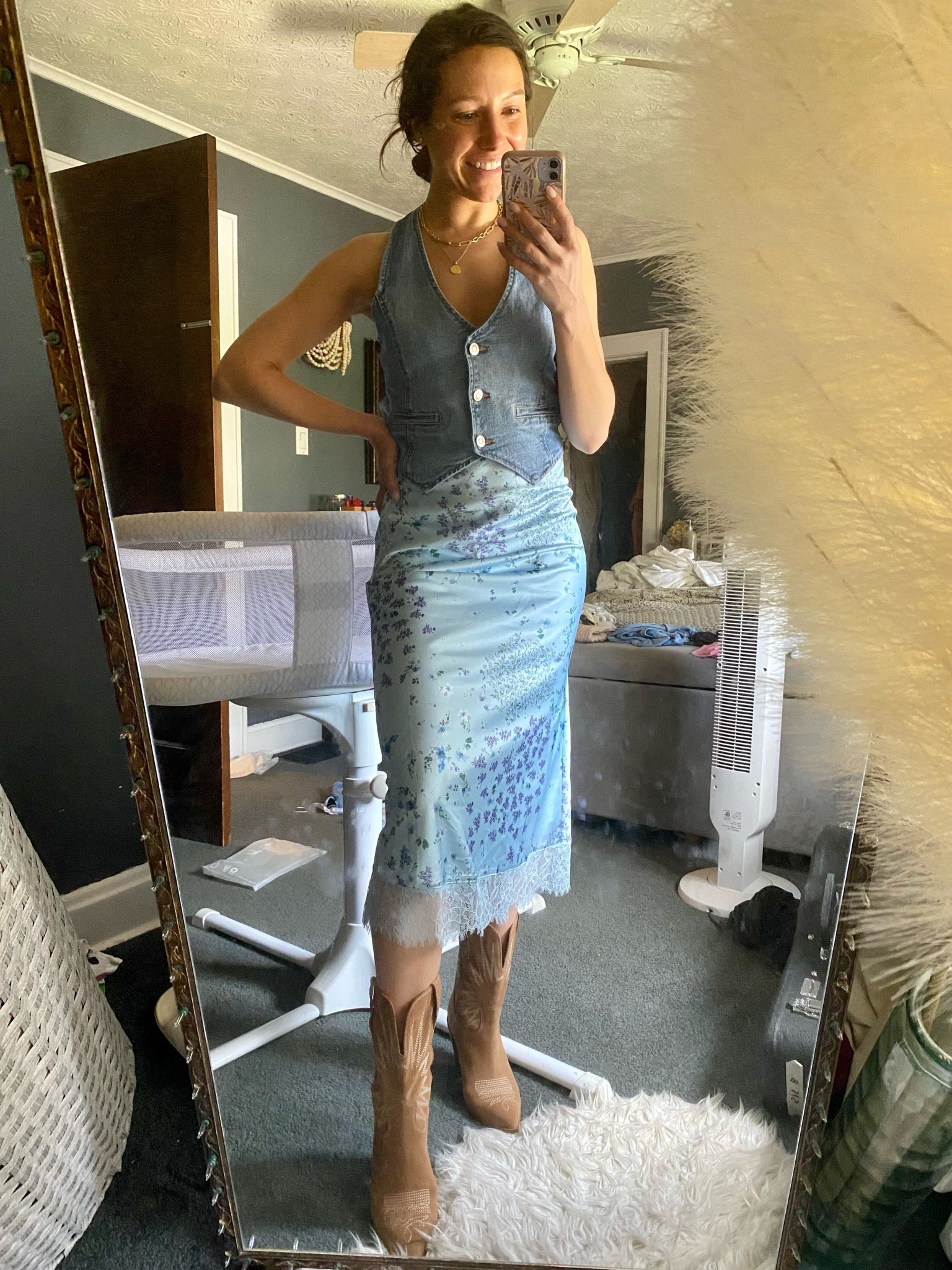 Wearing a Small I’m both // could have sized down in vest 
Texas
What I’m packing
Vacation outfit 
Silk skirt
Midi skirt
Denim vest
Denim top
Texas outfit
Rodeo season
Cowboy boots
Cowgirl boots
Western boots
Western outfit 
Festival outfit 
Country concert 

#LTKFestival #LTKfindsunder100 #LTKtravel