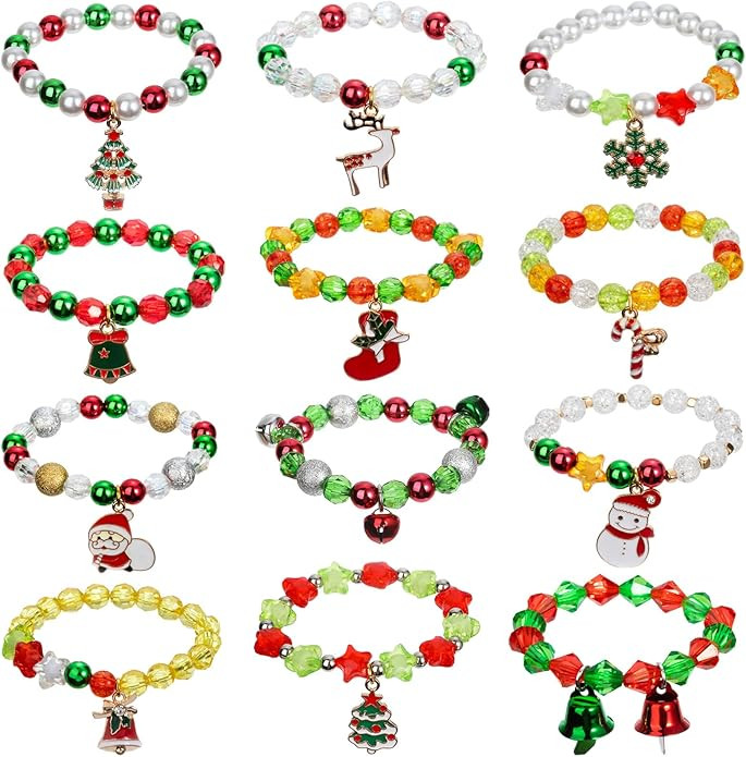 Spiritlele 12 Pieces Christmas Bracelets Santa Claus Deer Tree Bell Charm Bracelets Costume Beade... | Amazon (US)