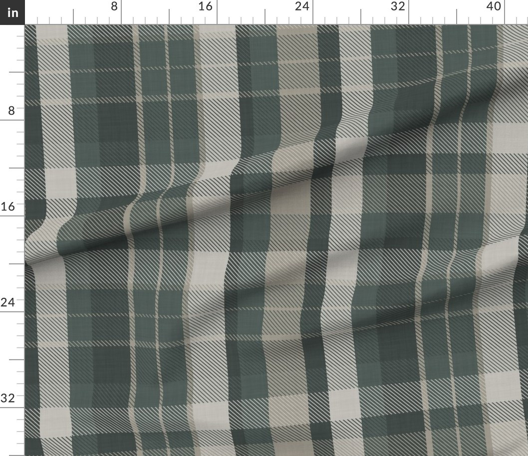 Fabric in Moody Winter Plaid - Dark Hunter Green & Tonal Cream With Linen Texture | Spoonflower