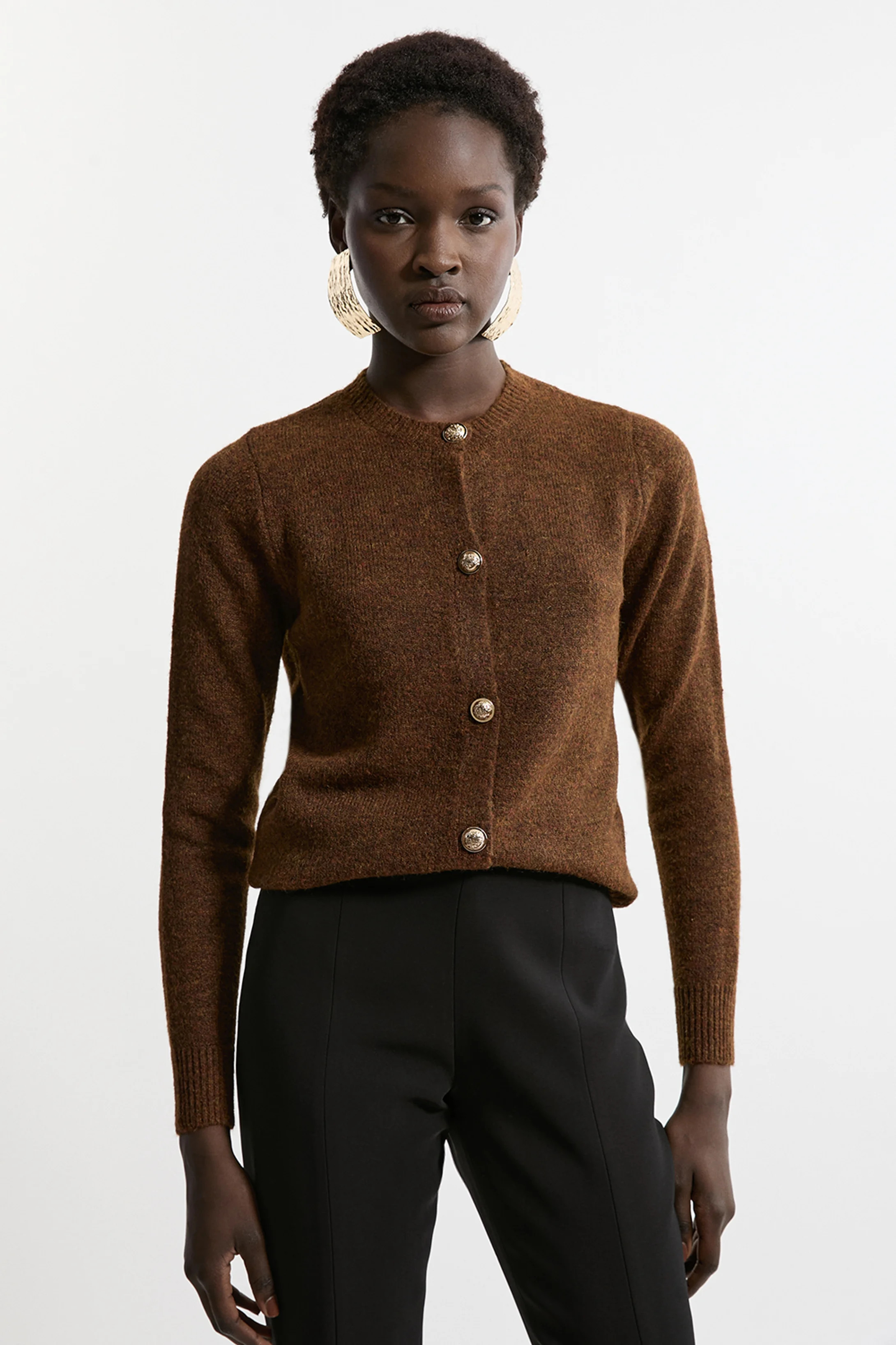 Wool Blend Cosy Crew Neck Knit Cardi | Karen Millen | Karen Millen UK + IE + DE + NL