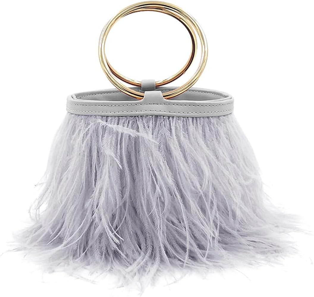 Women Ostrich Fluffy Tote Bag Feather Purse Crossbody Bag Shoulder Bag Evening Clutch Bride Purse... | Amazon (US)