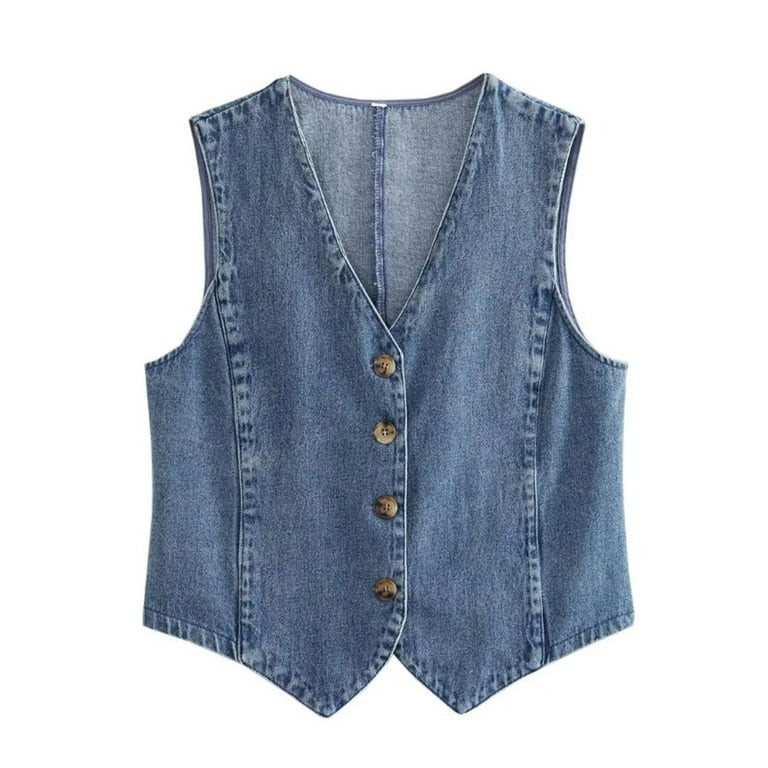Women's Sleeveless Denim Vest V Neck Button Down Lightweight Jean Waistcoat Jacket | Walmart (US)