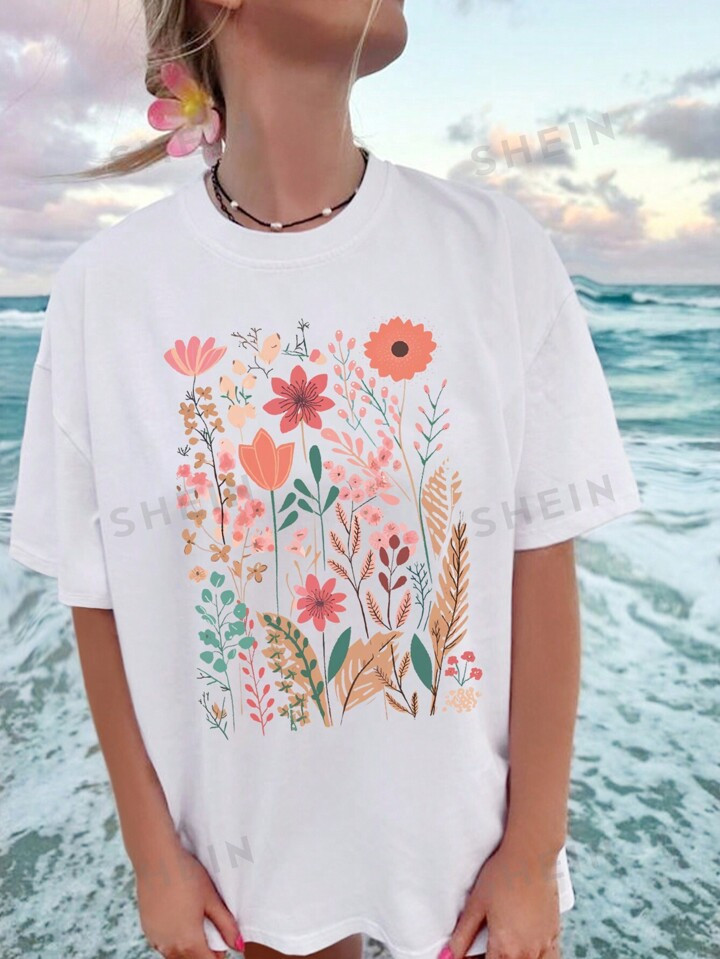 SHEIN EZwear Women's Summer Flower Printed Round Neck Short Sleeve Casual T-Shirt | SHEIN