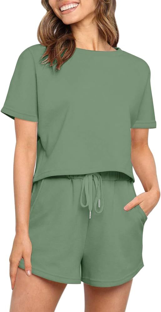 ZESICA Women's Summer Two Piece Pajamas Set Casual Short Sleeve Crop Top and Shorts Sleepwear Swe... | Amazon (US)