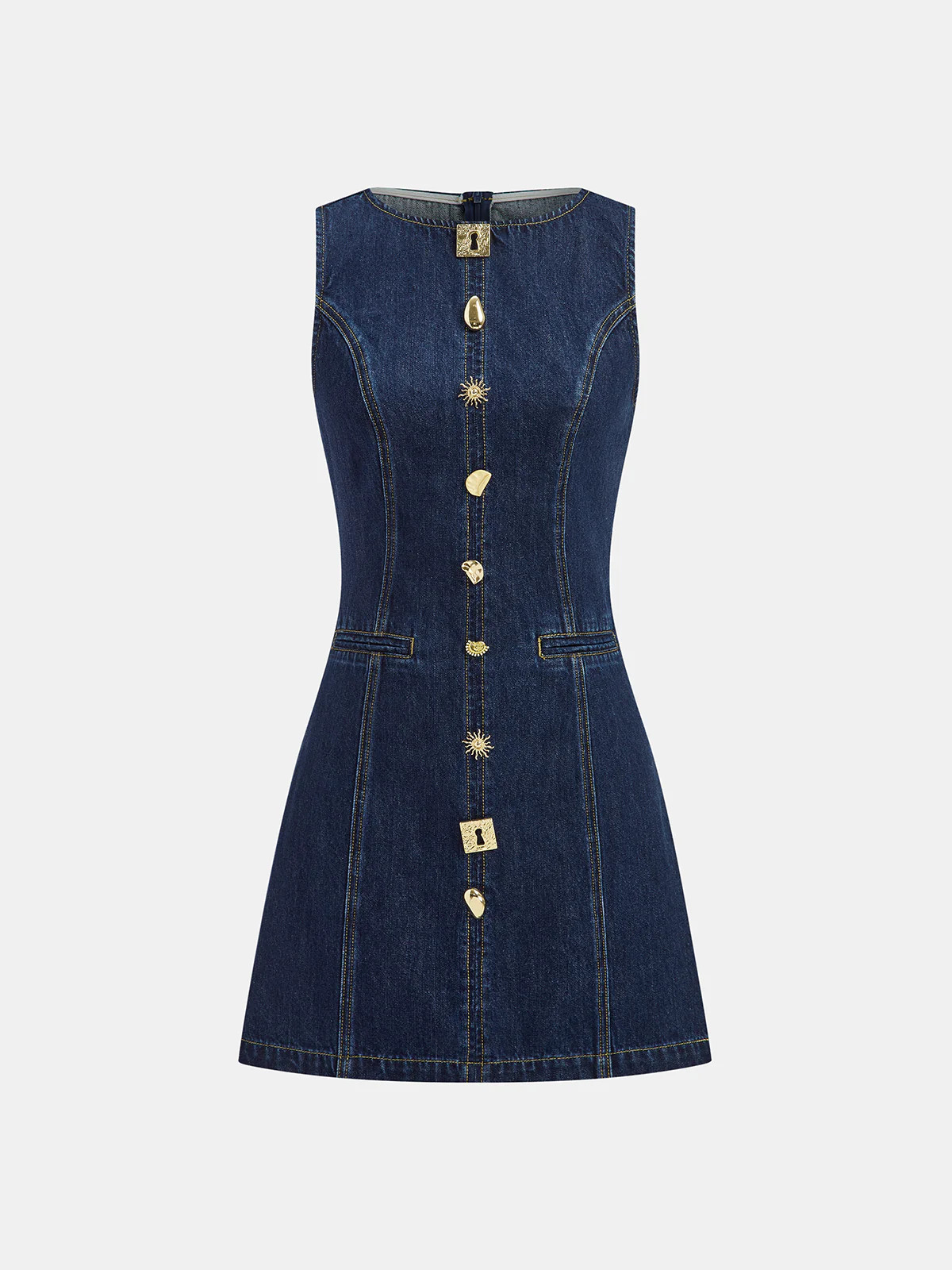 Metal Detail Denim Sleeveless Mini Dress | Commense