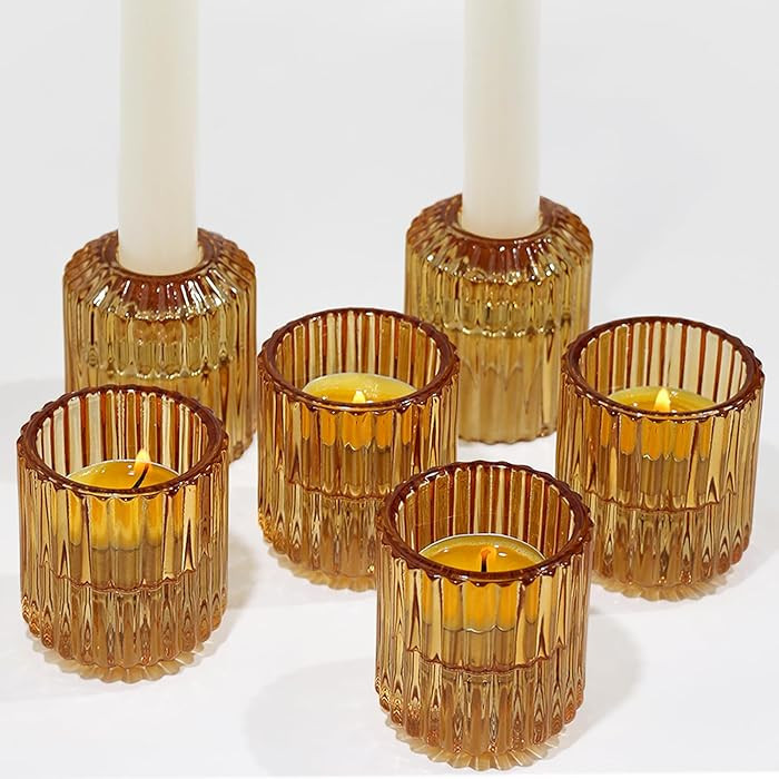 Vixdonos Ribbed Glass Taper Candlestick Holders Set of 6 Tealight Votive Candle Holder Bulk for T... | Amazon (US)